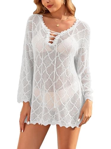 VIAURBE Women's Crochet Cover Ups 2026 Hollow Out Bathing Suit Bikini Coverup Knit Swimsuit Beach Dress White XL - Image 1