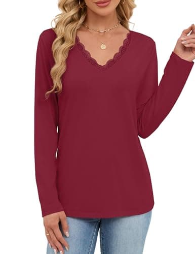 JUSTFASHIONNOW Shirts for Women Long Sleeve Lace Tops V Neck Solid Tshirt Plus Size Blouses Business Casual Fashion Tops Trendy Winter Clothes (Wine Red,XX-Large) - Thumbnail 5