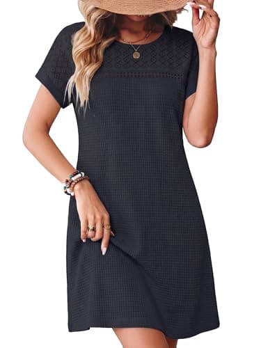 HDLTE Womens Beach Dress Crochet Swim Cover Up Beach Bathing Suit Cover Up Waffle Knit Casual Crew Neck Dress Navy Blue - Image 1