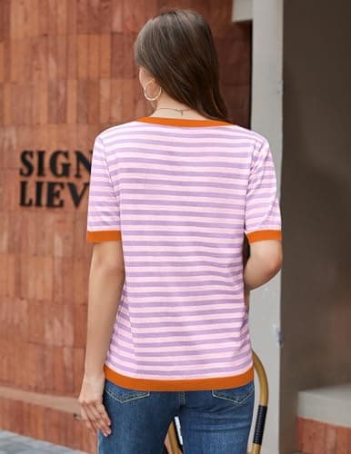 Aprolive Womens Striped Shirt with Contrast Ribbed Short Sleeve Knit Sweater Elegant Fit for Summer Dressy Casual(6-Orange Purple,Medium) - Thumbnail 6