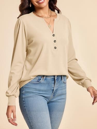 Cicy Bell Womens Puff Long Sleeve Henley Shirts Trendy Casual V Neck Button Up Tunic Tops Loose Fit Basic Tees Beige - Thumbnail 3