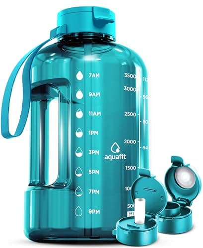 AQUAFIT 1 Gallon Water Bottle with Time Marker - Straw & Chug Lid - BPA Free Gym Water Bottle with Straw - Big Gallon Jug (Aqua, 128 oz - 2 Lids)