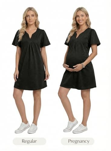 BLENCOT Womens Summer Chic Loose Dress Split V Neck Flutter Short Sleeve Embossed Textured Casual Swing Mini Dress Black XL - Thumbnail 4