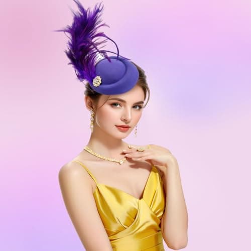 RiJinDuoJin Fascinators Hat Feathers Headband and Clip 20s 50s Pillbox Hats Cocktail Tea Party Headwear - Handmade Derby Hair Clip Feathers Fascinators for Girls and Women - Purple - Thumbnail 2