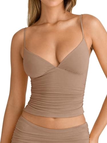 PINKMSTYLE Women Cute V Neck Cami Double Lined Tank Top Sexy Adjustable Spaghetti Straps Cami Tank Tops Crop Summer Outfits Apricot X-Small - Image 1