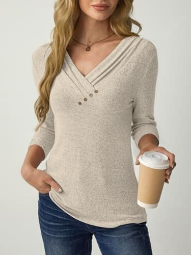 GKBK Womens 3/4 Sleeve Tunic Tops for Leggings V Neck Button Loose T Shirts 2026 Fall Summer Dressy Business Casual Blouse Pullover Sweatshirt Work Cute Fashion Trendy Sweater Outfit Clothes Khaki S - Thumbnail 5