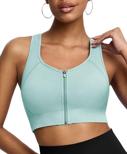 BRXL Front Zip Sports Bra Seamless Sewn in Pads Racerback Wide Straps Medium Impact for Running Yoga Gym Light Blue S - Image 1