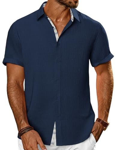 PJ PAUL JONES Men's Button Down Short Sleeve Shirt Casual Summer Beach Textured Wedding Shirts - Image 1