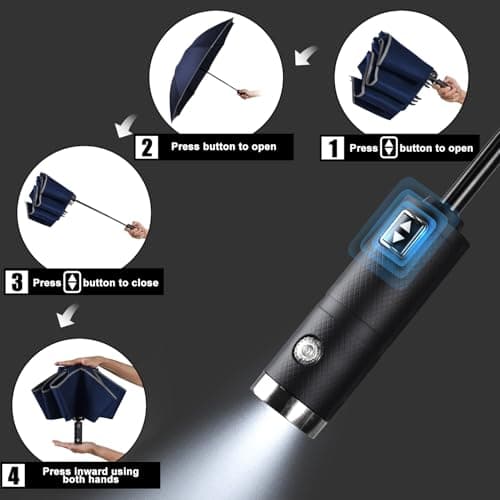 Lejorain Folding Reverse LED Umbrella - Upside Down Reflective Umbrellas Compact Inverted Travel Windproof Umbrella Auto Open Close for Rain - Thumbnail 5