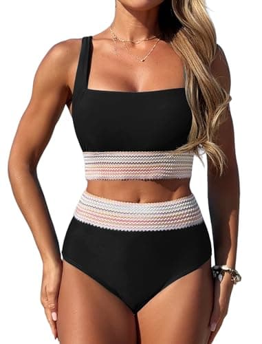 ZAFUL Swim Suits for Women 2025 Tummy Control Two Piece Swimsuit Ruched High Waisted Bikini Sets for Women Black XL - Image 1