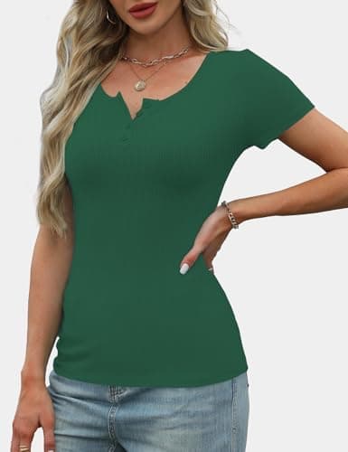 GKBK Womens Summer Tops Short Sleeve Henley Shirts Ribbed Knit Scoop Neck Tshirt Casual Basic Slim Tee Forest Green S - Thumbnail 3