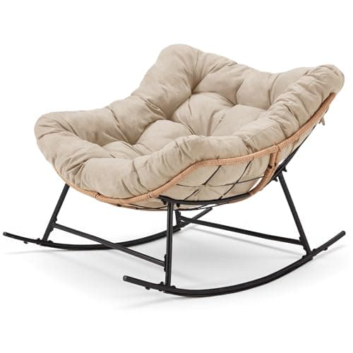 Halituny Outdoor Rocking Chair with Thick Cushion, Comfy Rattan Rocker Egg Chair Indoor with Straps, Patio Rocking Chair 450lbs for Garden, Balcony, Lawn, Backyard, Living Room, Bedroom - Image 1
