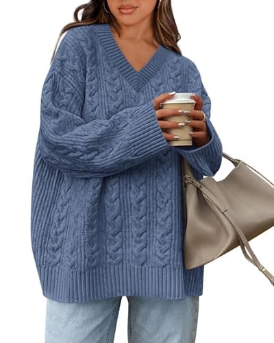 Okiwam Women's Oversized Sweaters Long Sleeve V Neck Cable Knit Pullover Tops Fall Outfits Spring Fashion Clothes 2026-L Blue - Image 1