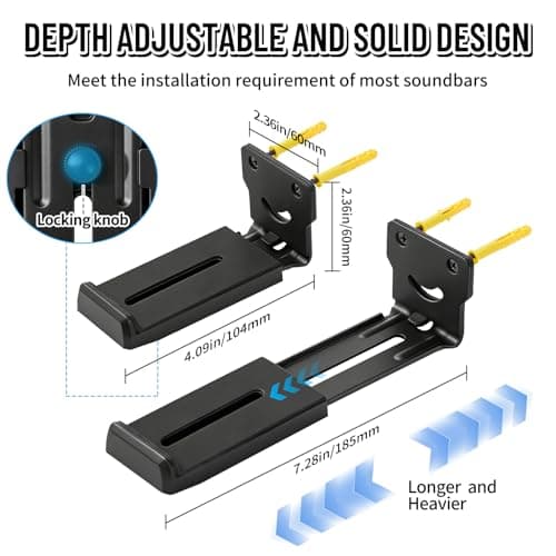 Kiiocwev Soundbar Wall Mount Bracket -Universal Soundbar Mount&Soundbar Shelf for Samsung,Bose,Vizio,LG,Sony,JBL and More,Hold up to 66LBS,Depth Adjustable 4.09”-7.28”,All-Metal Sturdy Design - Thumbnail 4