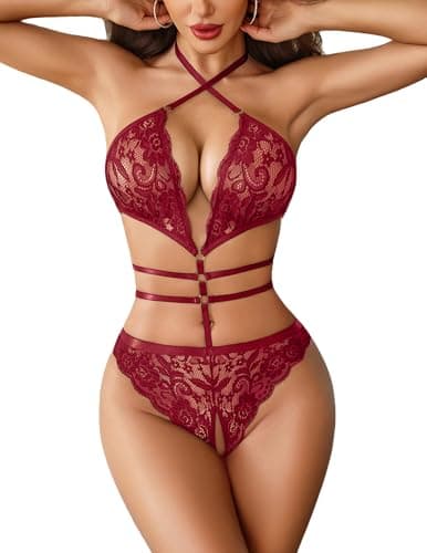 Avidlove Womens Lingerie Sexy Halter Lace Cut Out One Piece Teddy Bodysuit for Anniversary Wine Red L - Image 1