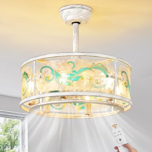 Linour White Caged Ceiling Fans with Lights, 20'' Mid Century Chandelier Ceiling Fan with Light and Remote, Low Profile Ceiling Fan with 6 Speeds for Bedroom Nursery Kitchen - Image 1