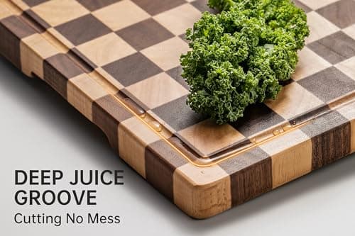 THETCHRY Cutting Boards for Kitchen, Checkered Cutting Board Upgraded, Acacia Wood Chopping Board with Juice Grooves & Handles, Large Butcher Block Serving Tray with Gift Box, 17"X12"X0.8" - Thumbnail 3