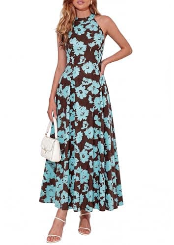 PRETTYGARDEN Womens Summer Floral Maxi Halter Dresses 2026 Vacation Outfits Sleeveless Boho Sundress Long Wedding Guest Dress(Floral Brown Blue,XX-Large) - Image 1