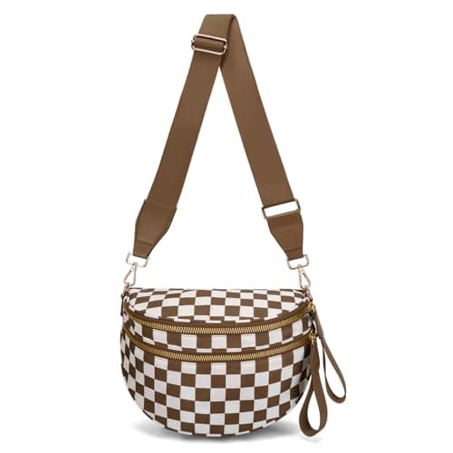 WOOMADA Checkered Crossbody Bag Bum Bag for Women, Fanny Pack Checkered Purse, Belt Bag with Shoulder Strap(Brown Checkerboard) - Image 1