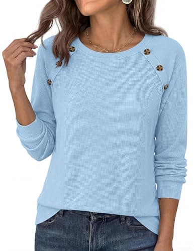PRETTYGARDEN Fall Long Sleeve Waffle Knit Shirts for Women, Light Blue,L - Thumbnail 5