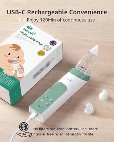 GROWNSY Nasal Aspirator for Baby, Electric Nose Aspirator for Toddler, Baby Nose Sucker, Automatic Nose Cleaner with 3 Silicone Tips, Adjustable Suctions, Music and Light Soothing Function (Green) - Thumbnail 6