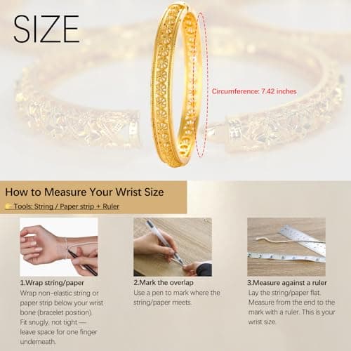 ULira Flor 18K Gold Plated Bangle Bracelets Set for Women, 3 Pcs Hollow Out Carving Dubai Temple Indian African Kashmiri Designs Bangles, Waterproof Non Tarnish Fashion Jewelry Gift for Mom Her Birthday Valentine Mother's Day Christmas - Thumbnail 5