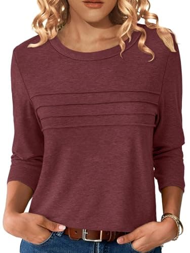 NORACORA Womens 3/4 Sleeve Tops Spring Summer Round Neck Dressy Shirts Tunic Pleated Tees Business Casual T-Shirts Fall Goning Out Outfits Wine Red M - Image 1