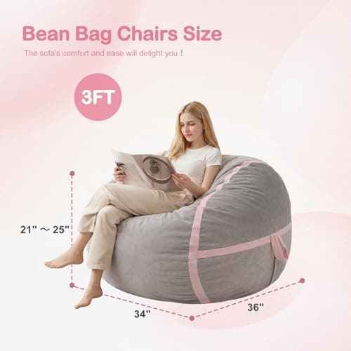 HABUTWAY 3ft Bean Bag Chair Giant Bean Bag Chairs with Memory Foam Filled, Large Beanbag Chair with Removable Dutch Velvet Cover for Living Room, Bedroom, Dorm, Light Grey & Pink - Thumbnail 2