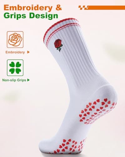 NSRRUN TURTLE Non-Slip Pilates Grip Socks for Women - Embroidery Crew Sock with Sticky Sole, Ideal for Yoga, Workout, & Barre, X-Large, 2 Pairs -Red Rose - Thumbnail 2