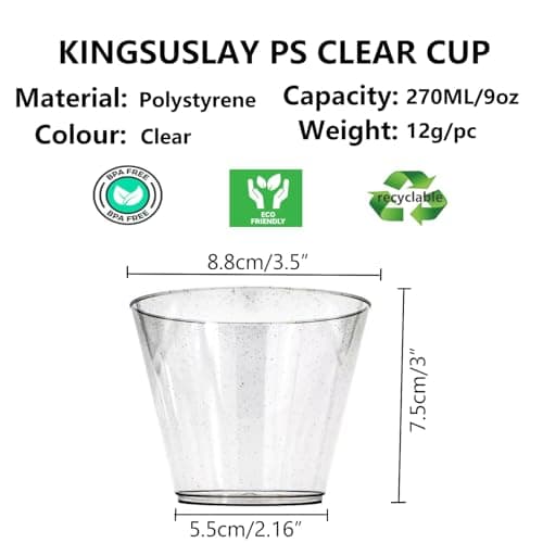 KINGSUSLAY 50Pack Glitter Sliver Plastic Cups, 9 oz Clear Fancy Disposable Cups,Clear Plastic Tumblers for Weddings,Birthday,Thanksgiving, Christmas,Halloween as Party Cups. - Thumbnail 2
