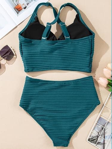 Herseas Women's Plus Size Bikini Sets 2026 Summer Flattering High Waisted Bathing Suits Twisted Front V Neck Top Textured Sexy Swimsuits Blackish Green Cruise Essentials XX-Large - Thumbnail 4
