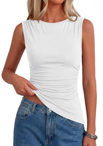 PRETTYGARDEN Boat Neck Tops for Women 2026 Spring Asymmetrical Sleeveless Slim Fit Blouses Summer Going Out Ruched Tank Top (White,X-Small) - Image 1