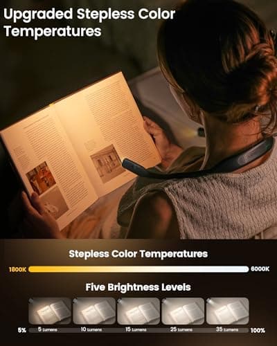 Glocusent Neck Book Light, 1200mAh Rechargeable Neck Reading Light, Hands Free Book Lights for Reading at Night, 5 Colors & 5 Brightness, Private Lightweight Book Reading Light in Bed for Book Lovers - Thumbnail 3