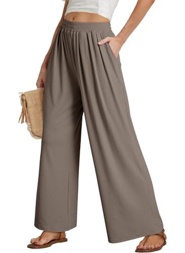 Dokotoo Women's Solid Elastic Waist Baggy Wide Leg Pants Woman Trendy Casual Spring Pants for Women Straight Leg Stretch Palazzo Ladies Trousers Summer Lounge Women with Pockets Elmwood - Image 1