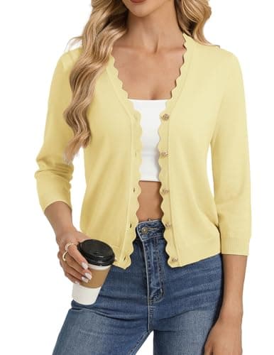 GRACE KARIN Womens Yellow Cropped Cardigan Sweater, 3/4 Sleeve Lightweight Shrugs Trendy, Business Casual Spring Outfit