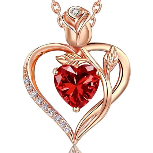 JACUPO Heart Birthstone Necklace for Women I Love You Red Rose Gold