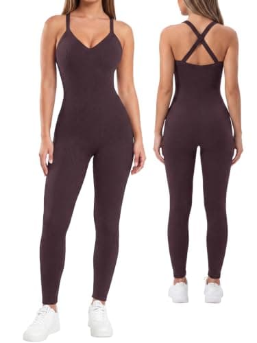 VUTRU Women’s Jumpsuits Cross Strap One Piece Bodysuit Sexy Workout Tummy Control Athletic Sleeveless Romper（Dark Brown XL） - Image 1