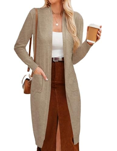 GRACE KARIN Basic Long Cardigans for Women Lightweight Open Front Maxi Long Knitted Cardigan Sweater Women Fall Clothes Quiet Luxury Clothes (Khaki,S) - Thumbnail 2