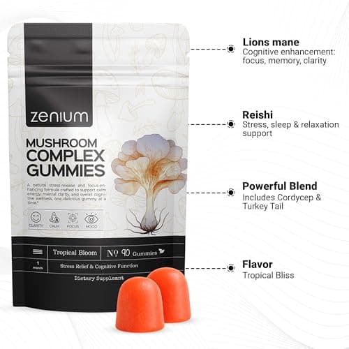 Zenium - Mushroom Complex 90 Gummies of 5000mgs of Lions Mane, 1000mgs of Reishi, Cordeyceps & More | Relieve, Tension, Worry & Irritability | Calm Mind & Body | Ayurvedic | Natural Relief Supplement - Thumbnail 5