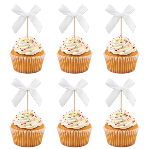 Oeyliz White Bow Cupcake Toppers Bow Cake Topper Decorations 24 PCS White Bows Cupcake Toppers Birthday Party Decorations Cake Bow Cupcake Topper for Baby Shower Birthday Wedding Bridal Party Supplies