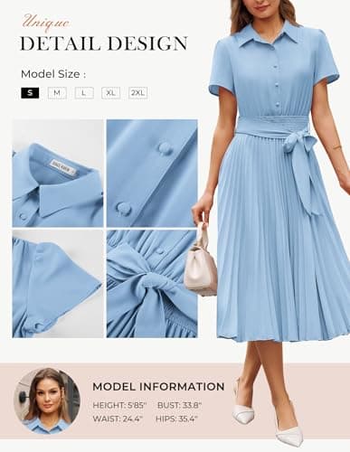 GRACE KARIN Women 2026 Summer Business Shirt Dress,Short Sleeve Collared Neck Button Midi Dresses,Pleated Casual Dresses Light Blue XL - Thumbnail 5