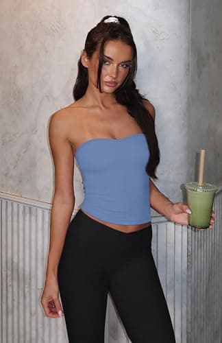 LASLULU Womens Bandeau Tube Top Cropped Workout Athletic Shirts Sexy Basic Strapless Yoga Gym Pilates Tops Y2K Summer Fashion 2026(Sky Blue X-Large) - Thumbnail 3