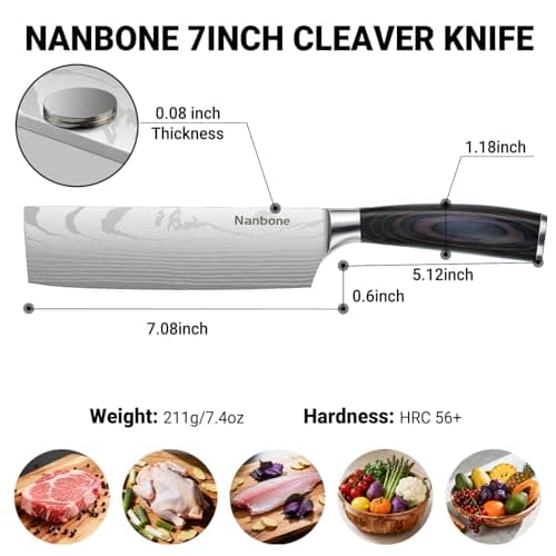 Nanbone Nakiri Knife 7 Inch Sharp Meat Cleaver and Vegetable Kitchen Knife Damascus Asian Chef Knife for Home and Kitchen with Ergonomic Handle High Carbon Stainless Steel knife Chef Cooking Gift - Thumbnail 2