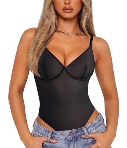 Nebility Shapewear Bodysuit for Women tummy control - V Neck Thong Body Suit with Underwire, Low back Going Out Tops - Image 1