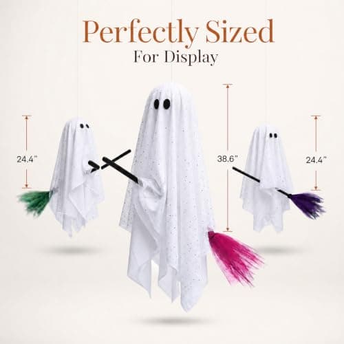 Halloween Decorations Outdoor, 3 Pack Hanging Ghosts on Brooms with Built-in Warm Lights, Flying Ghost Family Decor, Floating Gauze Ghost for Tree, Porch, Yard, Patio, Indoor Halloween Decorations - Thumbnail 4