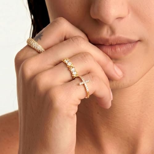 TOPROO Interlocked X Design Ring, 14K Gold Plated 925 Sterling Silver with Cubic Zirconia, Minimalist Stackable Fashion Band for Men Women Daily Wear, US Size 5-9 - Thumbnail 5