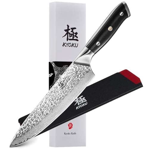 KYOKU Chef Knife - 8"- Shogun Series Japanese Style VG10 Steel Core Hammered Damascus Blade Kitchen Knife - with Sheath & Case