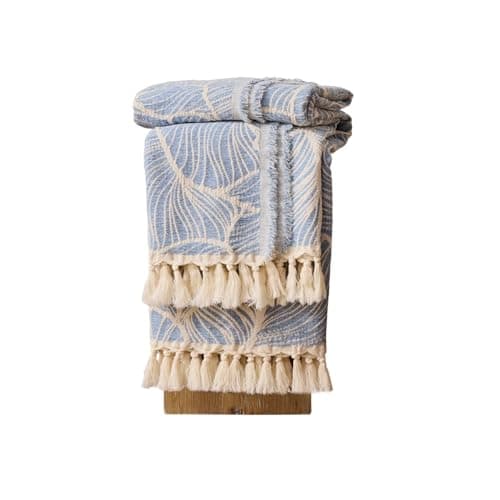 DOWN HOME Chenille Cotton Throw Blanket for Couch, Lightweight Boho Blanket for Bed Sofa Chair Living Room Outdoor Soft Woven Decorative Blanket with Tassel Gift Blue Leaves 50"x70" - Image 1