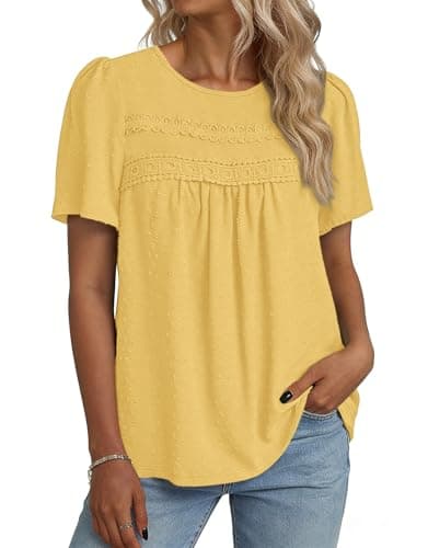 NORACORA Womens Summer Tops Crewneck Short Sleeve Shirts Casual Chiffon Boho Babydoll Blouses Flowy Lace Hem Boho Clothing Trendy 2026 Yellow L - Thumbnail 2