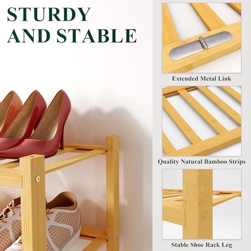 Smiry Shoe Rack, 3 Tier Bamboo Shoe Organizer, Stackable Free Standing Wooden Shoe Storage Shelf for Closet, Entryway, Front Door Entrance, Natural - Thumbnail 3